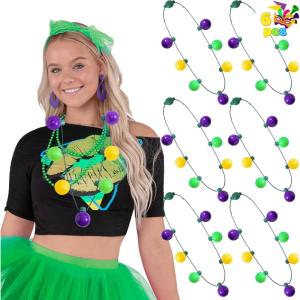 imageJOYIN 3 PCS Mardi Gras LED Bulb Necklace Purple Green Gold LED Light Up Necklace with 6 lighting modes for Mardi Gras Party Favors Supplies Masquerade Costume Accessories