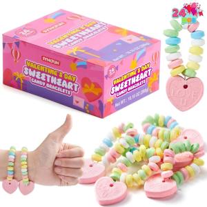 imageSYNCFUN 24PCS Candy Bracelets Valentines Day Color Individually Wrapped Snacks Tiny Classroom Exchange Gift for Kids Party Favor Holiday Reward PrizesColorful Candy Bracelets