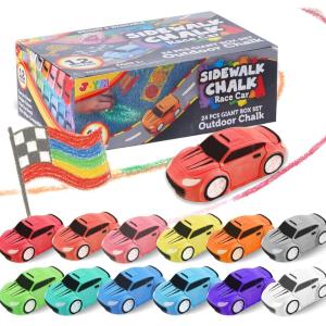 imageJOYIN 24PCS Race Car Sidewalk Chalk Bulk Party Favors for Kids Non Toxic Washable Jumbo ChalkToddler Outdoor Toys Individually Wrapped Birthday Gifts Outside Toys 12 Colors