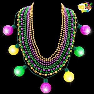 imageJOYIN 10 Pcs Mardi Gras LED Necklaces Set includes 1 LED Bulb Necklace 3 Medium amp 6 Small Bead Necklaces Gold Green Purple Necklaces for Mardi Gras Party Favors Supplies Costume Accessories