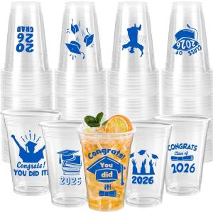 imageJOYIN 24 Pcs 16OZ Graduation Party Plastic Cups Blue 24 Designs Disposable Cups for Class of 2026 Graduates Tableware Bulk for High School College Graduation School Grad Party Supply DecorBlue