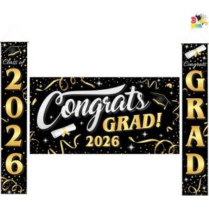 imageJOYIN 3 Pcs Graduation Backdrop Decorations Class of 2025 Satin Congrats Grad Banner Set Maroon amp Gold Party Banner Hanging Porch Supplies for Graduation Party Indoor Outdoor Decor Photoshoot PropsBlack