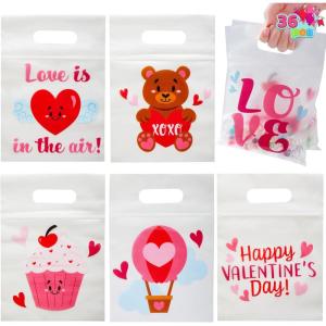 imageJOYIN 36 Pcs Valentines Day Cellophane Gift BagCandy Treat BagsGoodie Bags with 6 Themed Designs for Kids Party Favors Classroom Exchange Prizes Valentines Cookie BagsRed