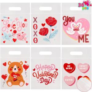imageJOYIN 36 Pcs Valentines Day Cellophane Gift BagCandy Treat BagsGoodie Bags with 6 Themed Designs for Kids Party Favors Classroom Exchange Prizes Valentines Cookie BagsPink