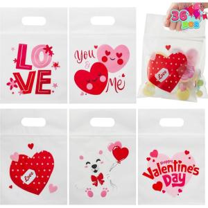 imageJOYIN 36 Pcs Valentines Day Cellophane Gift BagCandy Treat BagsGoodie Bags with 6 Themed Designs for Kids Party Favors Classroom Exchange Prizes Valentines Cookie BagsRose Red