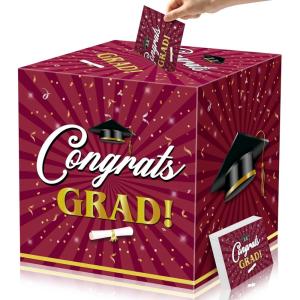 imageJOYIN 9 Graduation Decorations Card Box with 36 PCS Cards Maroon Congrats Grad Money Box for Class of 2025 Grad Party Decoration Gift Holder for Graduation Party Favor Gifts SuppliesMaroon