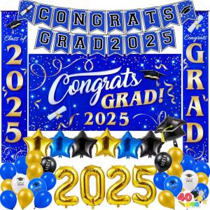 imageJOYIN Graduation Party Decorations Class of 2025 Blue Grad Celebration Supplies Set with Backdrop Banner Porch Sign Balloons Foil Number 2025 Hanging Strip for High School College GraduationBlue  Gold