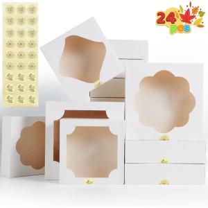 image24 Pcs White Paper Baking Boxes with Stickers Christmas Cookie Pie Box Holiday Pastry Boxes in 2 Sizes 10X10X25 inch and 8X8X25 inch Valentines Day Wedding Party Favor Supplies
