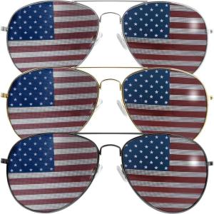 imageJOYIN 3 Pcs July 4th American Flag Sunglasses Fourth of July Patriotic Sunglasses with Gold Silver and Black Frame Red White Blue American Glasses for 4th of July Accessories Party Favor