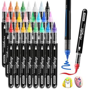 imageSYNCFUN 24 PCS Acrylic Paint Markers Brush Tip Direct Liquid Markers with Constant Flow Technology Waterproof Paint Fabric Canvas Rock Wood Glass Birthday Valentine Easter Gifts for Kids