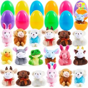 imageJOYIN 12 Pcs Prefilled Easter Eggs with Plush Toys Plastic Eggs Filled with Mini Stuffed Plush Toys Basket Stuffers for Toddlers Easter Egg Hunt Party Favors Classroom Prizes for KidsCute Toys