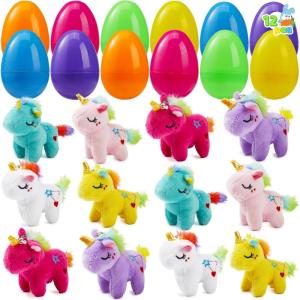 imageJOYIN 12 Pcs Prefilled Easter Eggs with Plush Toys Plastic Eggs Filled with Mini Stuffed Plush Toys Basket Stuffers for Toddlers Easter Egg Hunt Party Favors Classroom Prizes for KidsUnicorn Toys