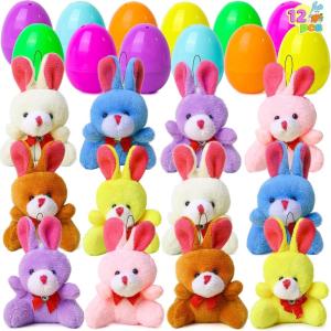 imageJOYIN 12 Pcs Prefilled Easter Eggs with Plush Toys Plastic Eggs Filled with Mini Stuffed Plush Toys Basket Stuffers for Toddlers Easter Egg Hunt Party Favors Classroom Prizes for KidsBunny Toys