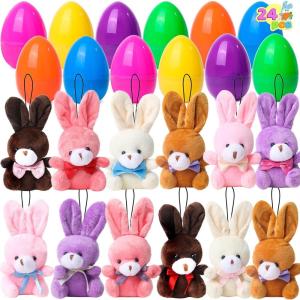 imageJOYIN 24 Pcs Filled Easter Eggs Plush Toy Bright Colorful Eggs Prefilled with Variety Plush Bunnies for Kids Toddlers Easter Basket Stuffers and Party FavorsBunny Toys