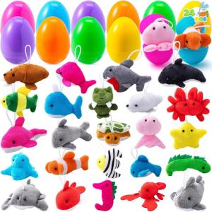 imageJOYIN 24 Pcs Filled Easter Eggs Plush Toy Bright Colorful Eggs Prefilled with Variety Plush Bunnies for Kids Toddlers Easter Basket Stuffers and Party FavorsSea Animal Toys