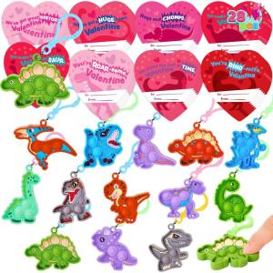 imageJOYIN 28 Packs Valentines Day Gift Cards with Pop Fidget Keychain Toys Dinosaur Stress Anxiety Relief Fidget Toys with Cards for Kids Valentines Classroom Exchange Prizes Party FavorsDinosaur Pop Bubble Keychain