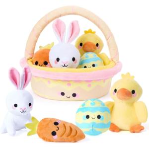 imageJOYIN 5 Pcs Easter Basket Plush Playset Filled Basket with Bunny Chick Egg Carrot Easter Toys Gifts Prefilled with Animal Stuffers for Baby Toddler Kids Boys amp Girls of All Ages