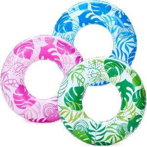 imageJOYIN Inflatable Swim Tube Raft 3 pack with Summer Fruits Painting Pool Toys for Swimming Pool Party DecorationsTropical Leaves