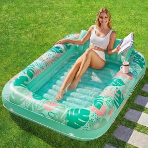 imageSLOOSH Inflatable Tanning Pool Lounger Float85 x 57 Extra Large Pool Floats Adult with Pillow4 in 1 Suntan Tub Raft FloatieSunbathing Bed Lounge Blow Up Ball Pit Party GiftsXLCyan WhiteAqua Blue