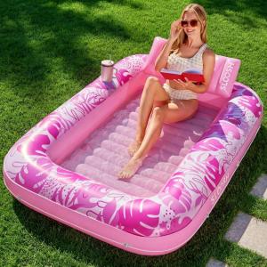 imageSLOOSH Inflatable Tanning Pool Lounger Float85 x 57 Extra Large Pool Floats Adult with Pillow4 in 1 Suntan Tub Raft FloatieSunbathing Bed Lounge Blow Up Ball Pit Party GiftsXLCyan WhiteHot Pink