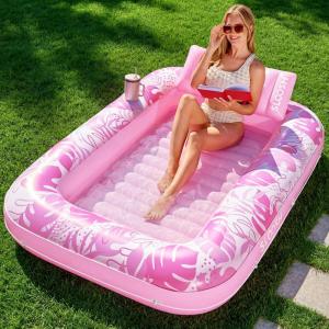 imageSLOOSH Inflatable Tanning Pool Lounger Float85 x 57 Extra Large Pool Floats Adult with Pillow4 in 1 Suntan Tub Raft FloatieSunbathing Bed Lounge Blow Up Ball Pit Party GiftsXLCyan WhiteBlushing Pink